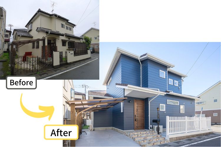 青い外観が映えるリフォーム事例